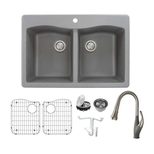 Transolid Aversa Granite 33-in Drop-In Kitchen Sink Kit with Faucet, Grids, Strainers and Drain Installation Kit