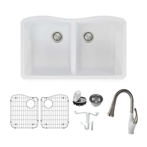 Transolid Aversa Granite 32-in Undermount Kitchen Sink Kit with Faucet, Grids, Strainers and Drain Installation Kit in White