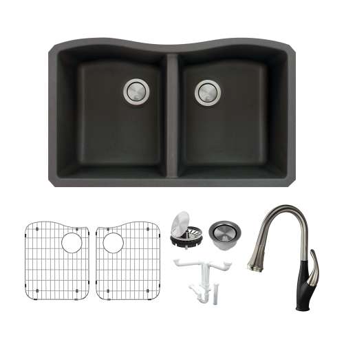 Transolid Aversa Granite 32-in Undermount Kitchen Sink Kit with Faucet, Grids, Strainers and Drain Installation Kit in Black
