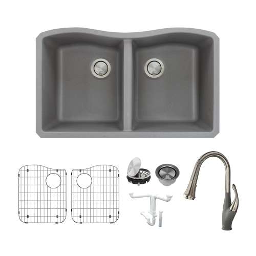 Transolid Aversa Granite 32-in Undermount Kitchen Sink Kit with Faucet, Grids, Strainers and Drain Installation Kit in Grey