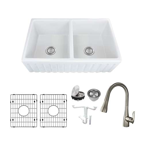 Transolid Logan Fireclay 33-in Farmhouse Kitchen Sink Kit with Faucet, Grids, Strainers and Drain Installation Kit
