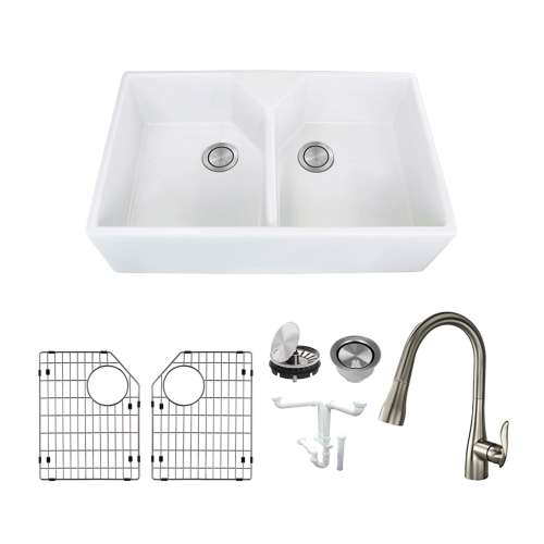 Transolid Fireclay Villa 32-in Farmhouse Kitchen Sink Kit with Faucet, Grids, Strainers and Drain Installation Kit