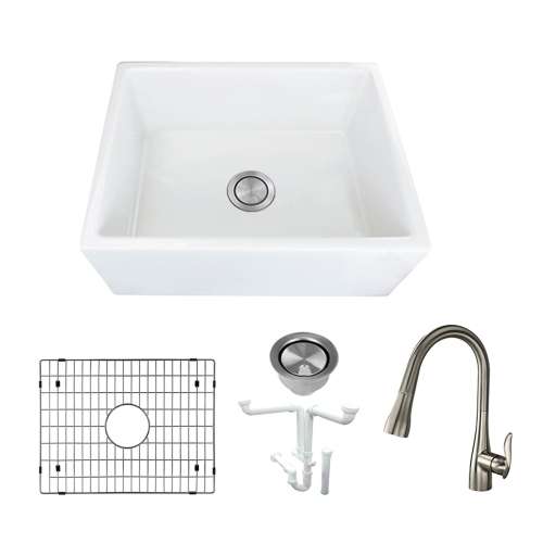 Transolid Fireclay Porter 24-in Farmhouse Kitchen Sink Kit with Faucet, Grid, Strainer and Drain Installation Kit