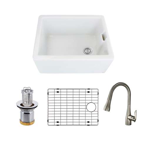 Transolid Fireclay Quinn 23.5-in Farmhouse Kitchen Sink Kit with Faucet, Grid, Strainer and Drain Installation Kit