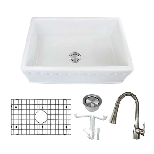 Transolid Fireclay Covington 30-in Farmhouse Kitchen Sink Kit with Faucet, Grid, Strainer and Drain Installation Kit