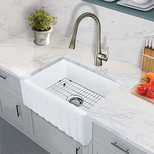 Transolid Fireclay Logan 23.5-in Farmhouse Kitchen Sink Kit with Faucet, Grid, Strainer and Drain Installation Kit