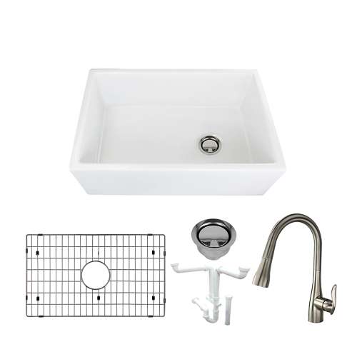 Transolid Fireclay Villa 30-in Farmhouse Kitchen Sink Kit with Faucet, Grid, Strainer and Drain Installation Kit