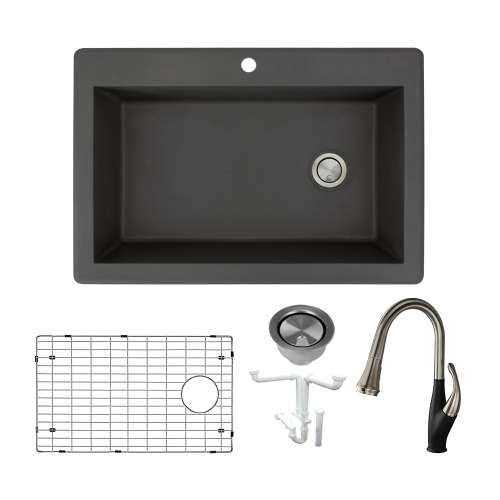 Transolid Radius Granite 33-in Drop-In Kitchen Sink Kit with Faucet, Grids, Strainers and Drain Installation Kit in Black