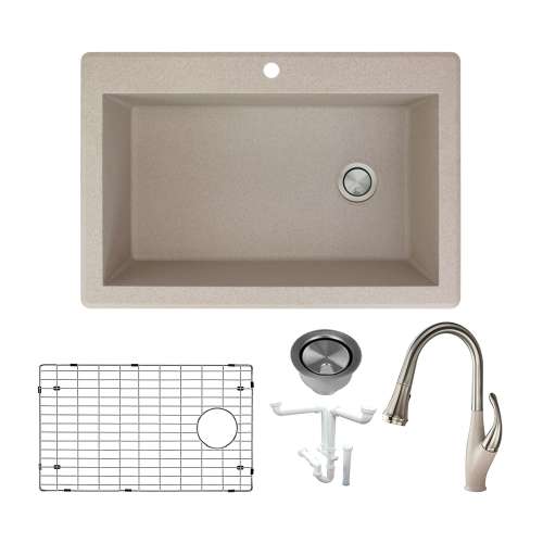 Transolid Radius Granite 33-in Drop-In Kitchen Sink Kit with Faucet, Grids, Strainers and Drain Installation Kit in Cafe Latte