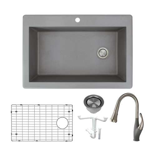 Transolid Radius Granite 33-in Drop-In Kitchen Sink Kit with Faucet, Grids, Strainers and Drain Installation Kit in Grey