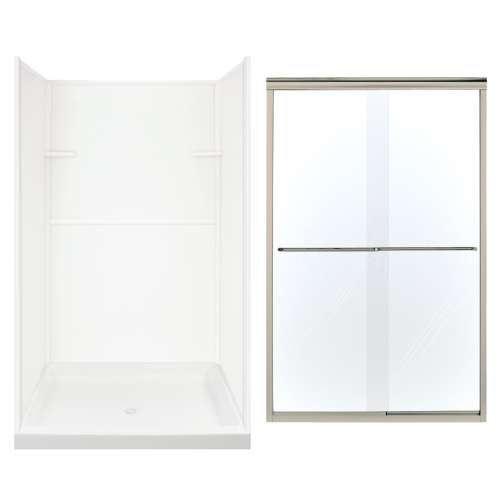 Transolid Solid Surface/Clear Glass 48-in x 72-in Alcove Shower Wall, Base, and Door Kit