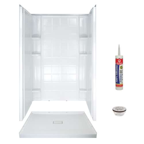 Transolid KTAS-FLUN4834C-31 48-in x 34-in Low Profile Shower Kit with Tile Walls, Center Drain, and Aging in Place Backerboards in White