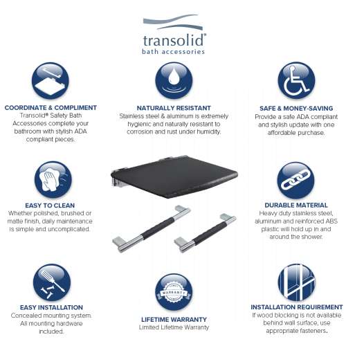 Transolid K-ADA-MDX-3-B-M Maddox 3-Piece Bathroom Safety Accessory Kit Including a fold-up shower seat, a 16-in grab bar, and a 12-in grab bar, in Black/Brushed Stainless