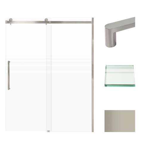 Transolid Madeline MBDT607608FL-R-BS Frameless sliding shower door with fixed panel in brushed stainless with frosted glass texture and Riley handles