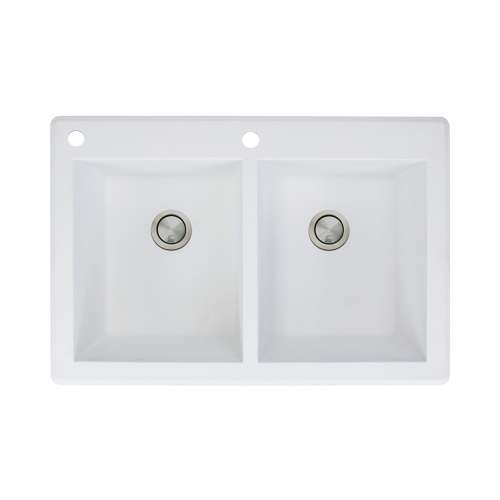 Transolid Radius 33in x 22in silQ Granite Drop-in Double Bowl Kitchen Sink with 2 CA Faucet Holes, In White