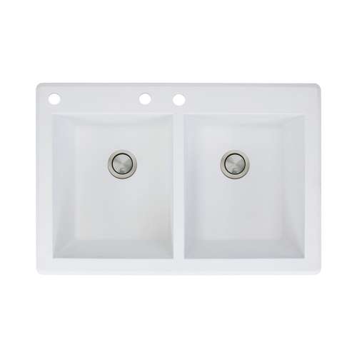 Transolid Radius 33in x 22in silQ Granite Drop-in Double Bowl Kitchen Sink with 3 CAB Faucet Holes, In White