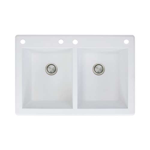 Transolid Radius 33in x 22in silQ Granite Drop-in Double Bowl Kitchen Sink with 4 CABE Faucet Holes, In White