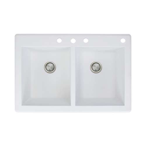 Transolid Radius 33in x 22in silQ Granite Drop-in Double Bowl Kitchen Sink with 4 CBDE Faucet Holes, In White