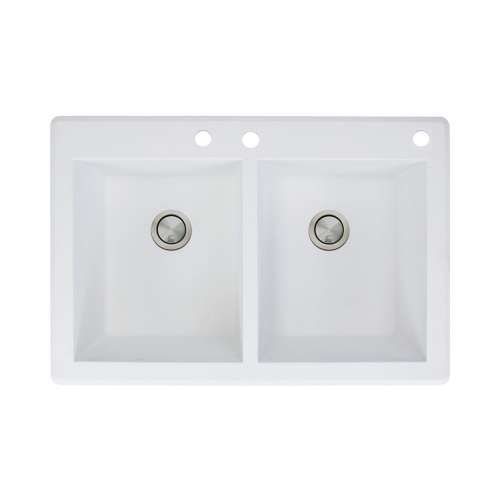 Transolid Radius 33in x 22in silQ Granite Drop-in Double Bowl Kitchen Sink with 3 CBE Faucet Holes, In White
