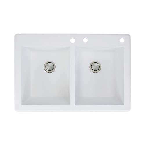 Transolid Radius 33in x 22in silQ Granite Drop-in Double Bowl Kitchen Sink with 3 CDE Faucet Holes, In White