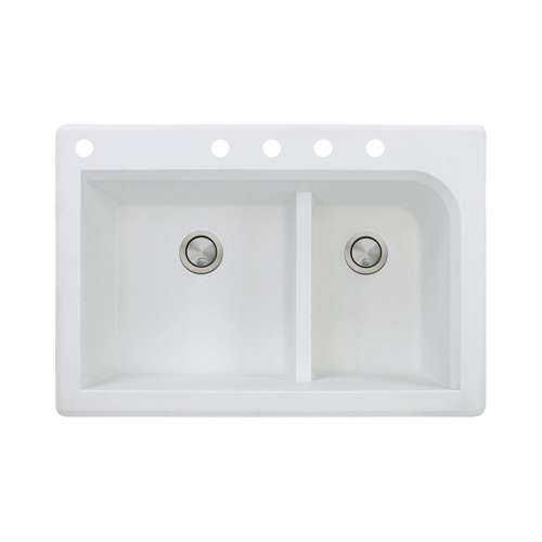 Transolid Radius 33in x 22in silQ Granite Drop-in Double Bowl Kitchen Sink with 5 CABDE Faucet Holes, In White