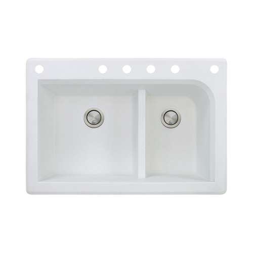 Transolid Radius 33in x 22in silQ Granite Drop-in Double Bowl Kitchen Sink with 6 CABDEF Faucet Holes, In White