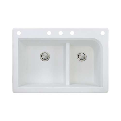Transolid Radius 33in x 22in silQ Granite Drop-in Double Bowl Kitchen Sink with 5 CABDF Faucet Holes, In White
