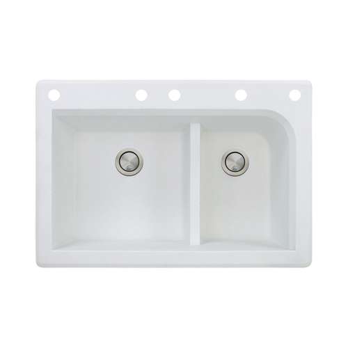 Transolid Radius 33in x 22in silQ Granite Drop-in Double Bowl Kitchen Sink with 5 CABEF Faucet Holes, In White