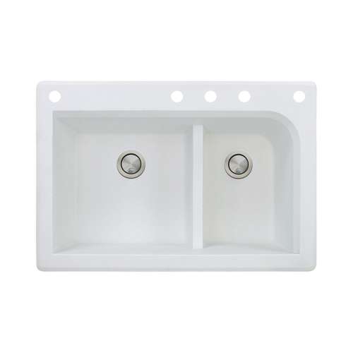 Transolid Radius 33in x 22in silQ Granite Drop-in Double Bowl Kitchen Sink with 5 CADEF Faucet Holes, In White