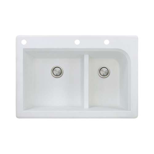 Transolid Radius 33in x 22in silQ Granite Drop-in Double Bowl Kitchen Sink with 3 CAE Faucet Holes, In White