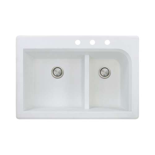 Transolid Radius 33in x 22in silQ Granite Drop-in Double Bowl Kitchen Sink with 3 CDE Faucet Holes, In White