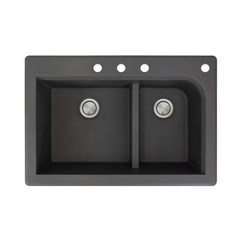 Transolid Radius 33in x 22in silQ Granite Drop-in Double Bowl Kitchen Sink with 4 CBDF Faucet Holes, In Black