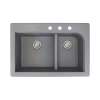 Transolid Radius 33in x 22in silQ Granite Drop-in Double Bowl Kitchen Sink with 3 CDE Faucet Holes, In Grey