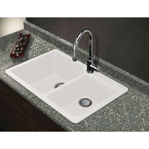 Transolid Radius 33in x 22in silQ Granite Drop-in Double Bowl Kitchen Sink with 4 ABCD Faucet Holes, In White