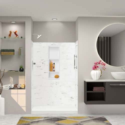 Transolid SWK483672-47V SaraMar 48-in x 36-in x 72-in Glue to Wall 3-Piece Shower Wall Trimmable Kit, White Venito Velvet