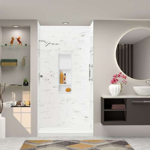 Transolid SWK483696-47V SaraMar 48-in x 36-in x 96-in Glue to Wall 3-Piece Shower Wall Trimmable Kit, White Venito Velvet