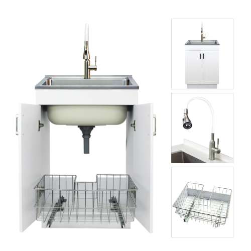 Transolid TCB-2420-WC 24in All-in-One Laundry/Utility Sink Kit with a Pull-Out Basket in White