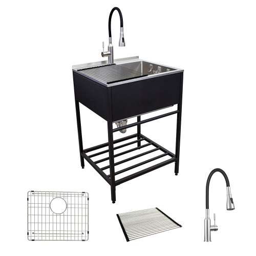 Transolid TFH-2522-MB 25-in. Stainless Steel Laundry Sink with Wash Stand in Matte Black