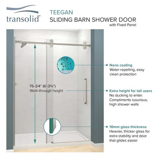 Transolid TBD608010L-J-BS Teegan 59-in W x 80-in H Frameless Sliding Door with Fixed Panel in Brushed Stainless with Low Iron Glass