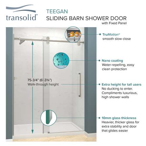 Transolid Teegan Plus TPBT608010C-T-CB Frameless sliding shower door with fixed panel in champagne bronze with clear glass and Turin handles