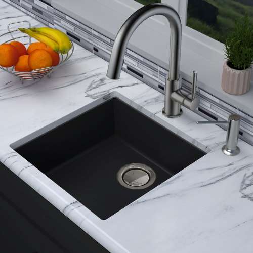 Transolid Zero 18in x 18in silQ Granite Integral/Dual Mount Single Bowl Kitchen Sink with 0 Holes, In Espresso