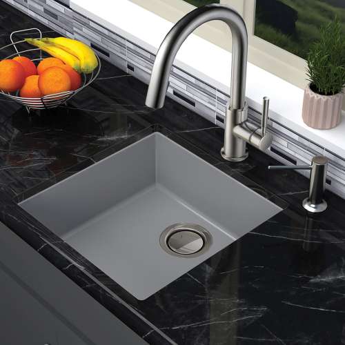 Transolid Zero 18in x 18in silQ Granite Integral/Dual Mount Single Bowl Kitchen Sink with 0 Holes, In Grey
