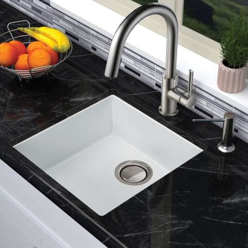 Transolid Zero 18in x 18in silQ Granite Integral/Dual Mount Single Bowl Kitchen Sink with 0 Holes, In Total White