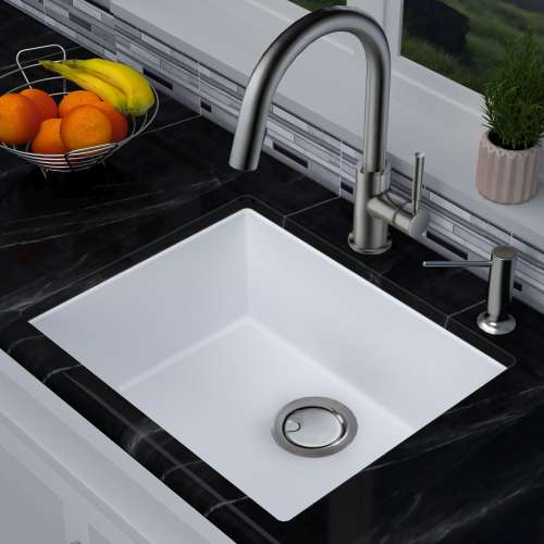 Transolid Zero 22in x 18in silQ Granite Integral/Dual Mount Single Bowl Kitchen Sink with 0 Holes, In Total White