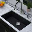 Transolid Zero 30in x 18in silQ Granite Integral/Dual Mount Single Bowl Kitchen Sink with 0 Holes, In Total Black