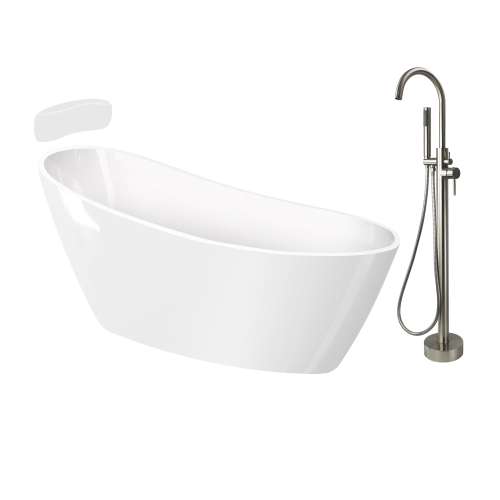 Transolid KF-AFTA5931-G31BN Aaliyah 59-in x 31-in x 28-in Freestanding Acrylic Bathtub Kit With End Drain, Bath Pillow And Brushed Nickel Tub Filler, White (Gloss)