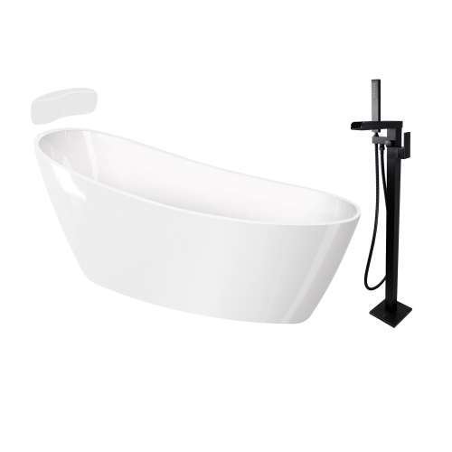 Transolid KF-AFTA6731-G31MB Aaliyah Grande 67-in x 31-in x 28-in Freestanding Acrylic Bathtub Kit With End Drain, Bath Pillow And Matte Black Tub Filler, White (Gloss)