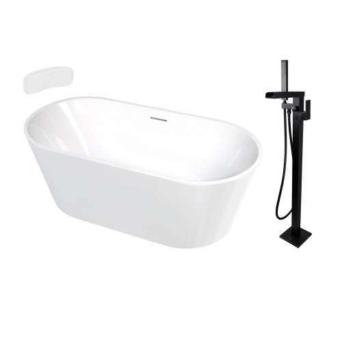 Transolid KF-AFTM5931-G31MB Maris 59-in x 31-in x 23-in Freestanding Acrylic Bathtub Kit With Center Drain, Bath Pillow And Matte Black Tub Filler, White (Gloss)