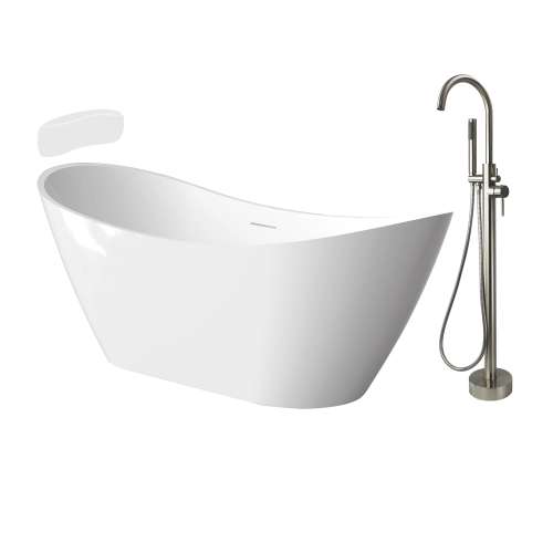 Transolid KF-AFTS5931-G31BN Skylar 59-in x 31-in x 27-in Freestanding Acrylic Bathtub Kit With Center Drain, Bath Pillow And Brushed Nickel Tub Filler, White (Gloss)