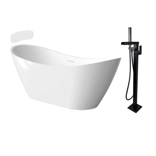 Transolid KF-AFTS5931-G31MB Skylar 59-in x 31-in x 27-in Freestanding Acrylic Bathtub Kit With Center Drain, Bath Pillow And Matte Black Tub Filler, White (Gloss)